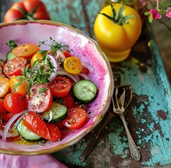 a simple salad, with olive oil, tomatoes and cucumbers