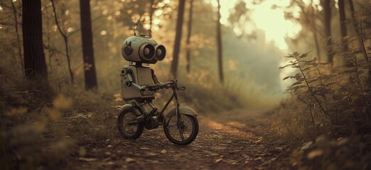 a robot driving a bicycle through the wooded area