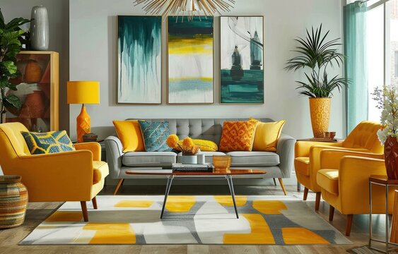 a modern living room set with yellow cushions and yellow pillows
