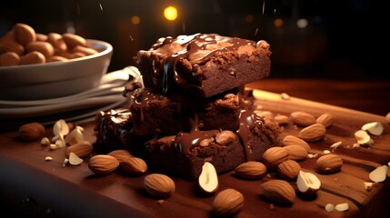 Chocolate brownies with almonds and hazelnuts on a wooden table - obrazy, fototapety, plakaty