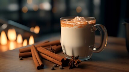 A cup of hot cappuccino with cinnamon and anise - obrazy, fototapety, plakaty