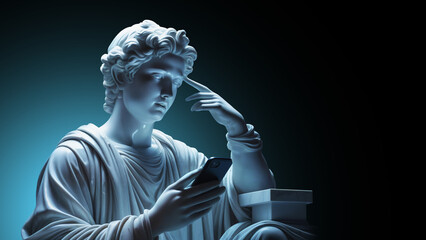 Antique marble statue thinking while looking at a phone. - obrazy, fototapety, plakaty