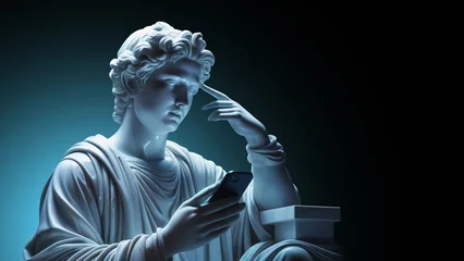 Foto op Canvas Antique marble statue thinking while looking at a phone. © Roman