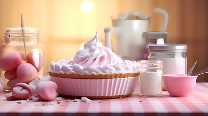 Cupcake with cream and marshmallows on pink tablecloth