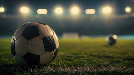 A classic black and white soccer ball on a green field with the stadium lights in the background.