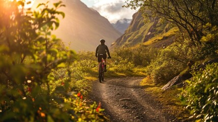Obraz premium A cyclist on a scenic mountain biking trail, surrounded by nature.