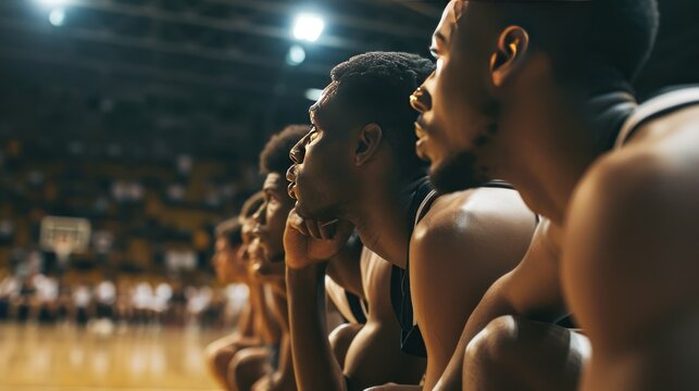 A basketball team strategizing during a timeout, showing teamwork and focus. - Powered by Adobe