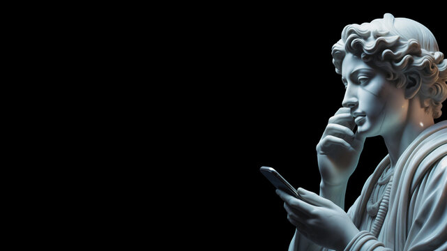 Antique marble statue checking a phone, advertisement concept.