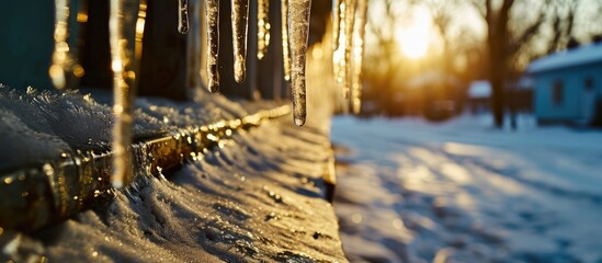Sunny winter weather, icicle hangs from gutter. - obrazy, fototapety, plakaty