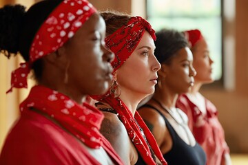 Group of diverse women wearing red bandanas around their heads. Activists, feminists, or revolutionaries. Women's Day, Feminism concept. Rosie the Riveter - obrazy, fototapety, plakaty