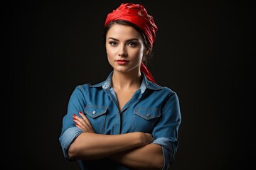 Rosie the Riveter. Confident woman in red bandana and blue denim shirt on black background. Women's Day and Feminism concept. Girl power. We can do it!