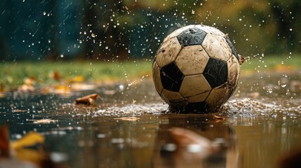 A soccer ball making a splash in a puddle, reflecting the perseverance of playing in rainy conditions.