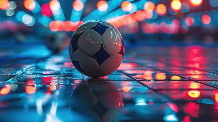 A soccer ball on a glass floor with neon lights beneath, creating a vibrant and modern urban sports scene.