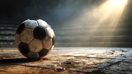A soccer ball on a stage with a spotlight, signifying the sport as a performance and spectacle.