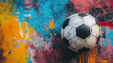 A soccer ball on a vibrant graffiti mural, representing the sport's integration into diverse urban cultures.