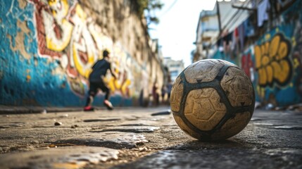 A street soccer scene with a ball in motion and urban graffiti in the background.