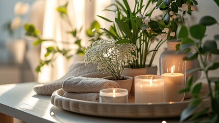 a tray with candles and towels, pots of flowers and plants on it - obrazy, fototapety, plakaty