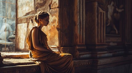 Female model as an ancient Greek philosopher in a classical setting, wisdom and thought. - obrazy, fototapety, plakaty