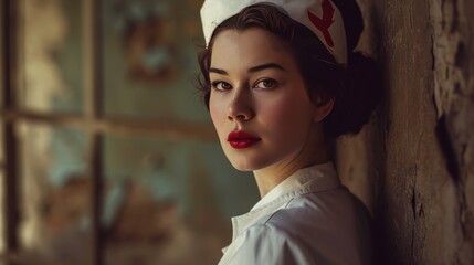 Female model as a 1940s wartime nurse, compassion and history.