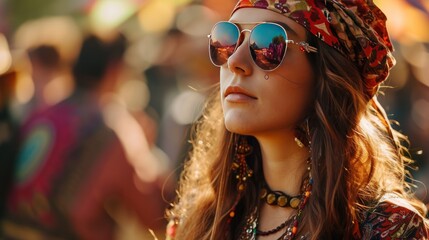 Female model as a 1960s hippie at a music festival, freedom and vintage fashion.