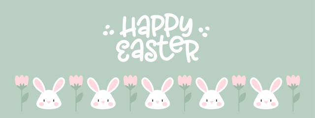 Easter Bunny with Flowers and text, vector, banner border, room for copy