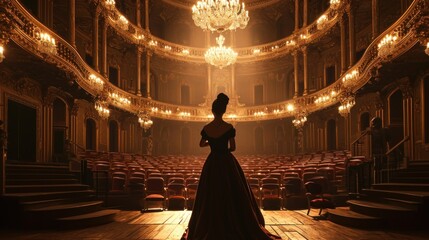 Female model as a classical opera singer in a grand theater, performance and art.