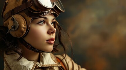 Female model as a pioneer aviator in early flight gear, courage and innovation. - obrazy, fototapety, plakaty