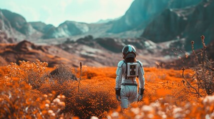 Female model as a space colony botanist on Mars, science and extraterrestrial life. - obrazy, fototapety, plakaty