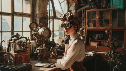 Female model as a steampunk inventor in her workshop, creativity and Victorian futurism.