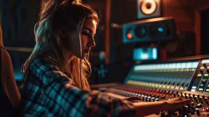 Female model in a recording studio, music production and creativity.