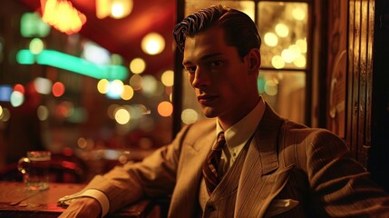 Fototapeta na wymiar Male model as a 1940s jazz club owner in a bustling city, music and nightlife.