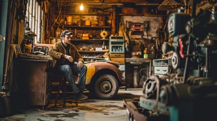 Male model as a classic car enthusiast in a garage, vintage charm and mechanics.