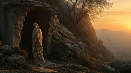Mary Magdalene at the tomb, a mixture of sadness and hope in a dawn setting - obrazy, fototapety, plakaty