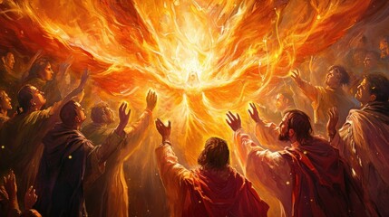 Vibrant scene of Pentecost with disciples receiving the Holy Spirit, depicted with dynamic flames and light - obrazy, fototapety, plakaty