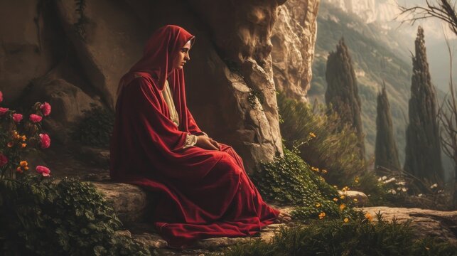 Mary Magdalene in a contemplative scene, reflecting her devotion and transformation