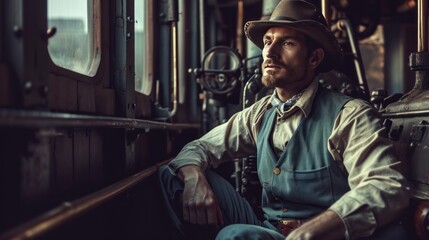 Male model as a steam train engineer in the early 20th century, industrial era and nostalgia.