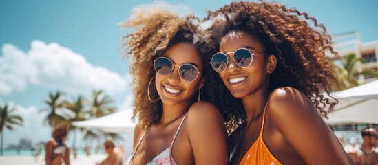 Black women friends in an urban city enjoying a summer vacation in sunny Miami. Happy travel couples or young people smiling near the ocean for vitamin D. - obrazy, fototapety, plakaty
