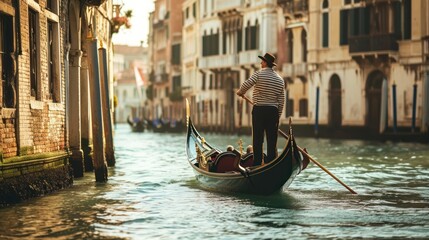 Fototapeta na wymiar Male model as a traditional Venetian gondolier on the Grand Canal, culture and romance.