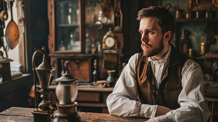 Male model as a Victorian inventor in his workshop, ingenuity and history. - obrazy, fototapety, plakaty
