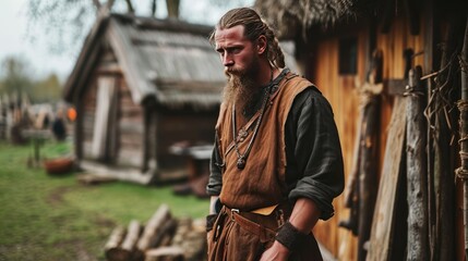 Male model as a Viking shipbuilder in a Nordic village, craftsmanship and ancient tradition.