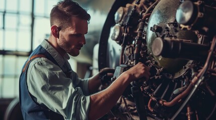 Male model as a vintage airplane mechanic, engineering and nostalgia. - obrazy, fototapety, plakaty