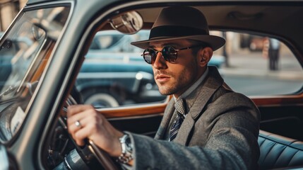 Male model in a vintage car, classic and stylish theme.