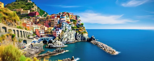 Washable wall murals Liguria Panoramatic view of colorfull town, coast in  Cinque Terre, Liguria, Italy. Sunny day. Generative ai