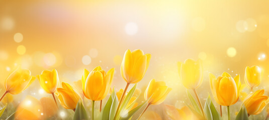 Spring background with yellow tulips on blurred background, bokeh