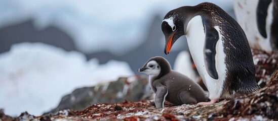 Mother and baby Gentoo penguin in Antarctica.