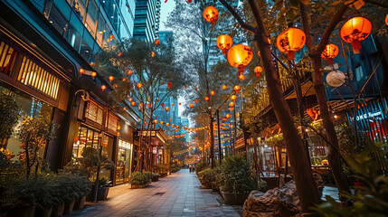 City's district decorated with Chinese lanterns during Chinese New Year. - obrazy, fototapety, plakaty