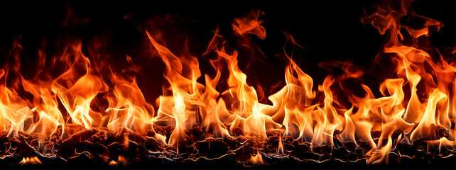 Fire flames isolated on black background. Realistic fire flames texture.