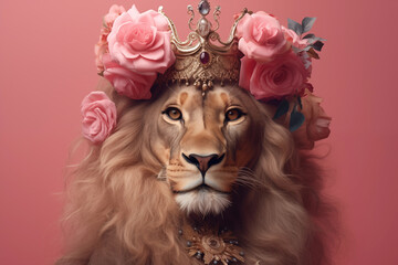 A Beautiful Lioness Wearing a Royal Crown with Pink Flowers. Creative animal concept banner. Isolated on the pastel pink background.