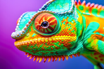 Fototapeta premium Cute colorful chameleon animal with blurred background, animals concept, generative ai