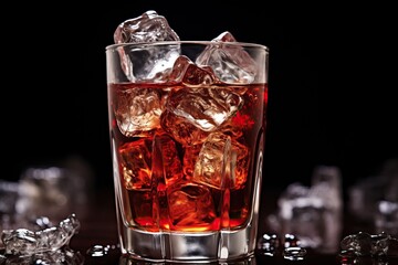 cola with ice. fresh cold sweet drink with ice cubes on black background
